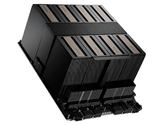 An NVIDIA HGX B300 8-GPU board: eight GPU heatsinks in two rows on one baseboard